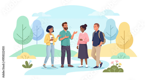 Diverse group of young adults conversing outdoors.