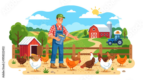 Farmer feeding chickens in a farmyard.