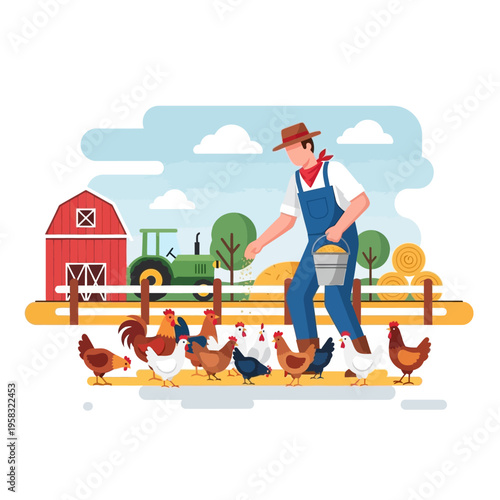 Farmer feeding chickens on a farm.