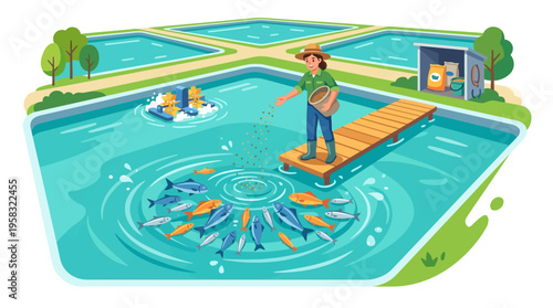 Farmer feeding fish in aquaculture pond illustration.