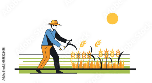 Farmer Harvesting Wheat Field with Scythe.