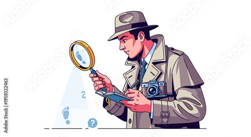 Detective examining evidence with magnifying glass and camera.