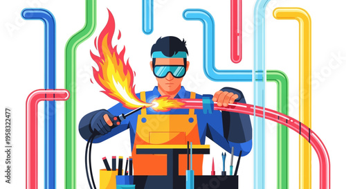 Electrician working with torch and wires.
