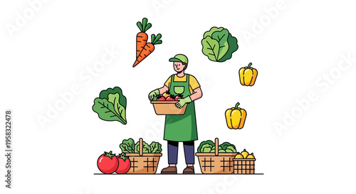 Farmer holding basket of fresh vegetables at market stall.