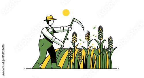 Farmer harvesting wheat with a scythe in a field.
