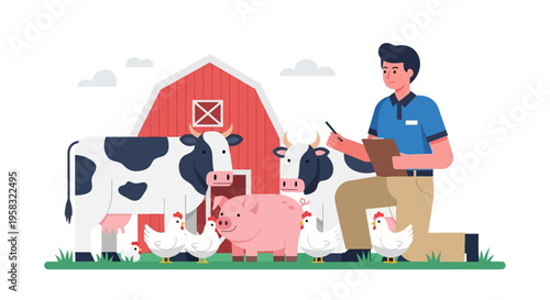 Farmer inspecting livestock on a farm with barn.