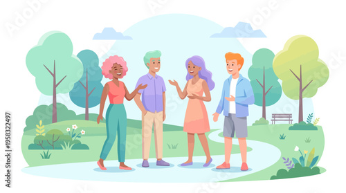 Diverse group of young friends enjoying a conversation outdoors.