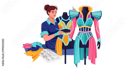 Fashion designer creating futuristic costumes on mannequins.