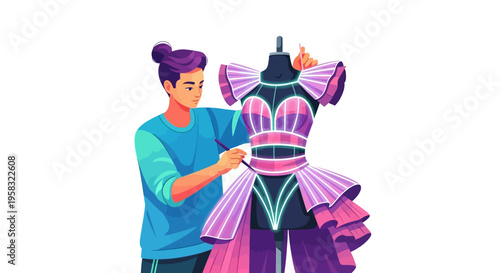 Fashion designer creating a vibrant dress on a mannequin.