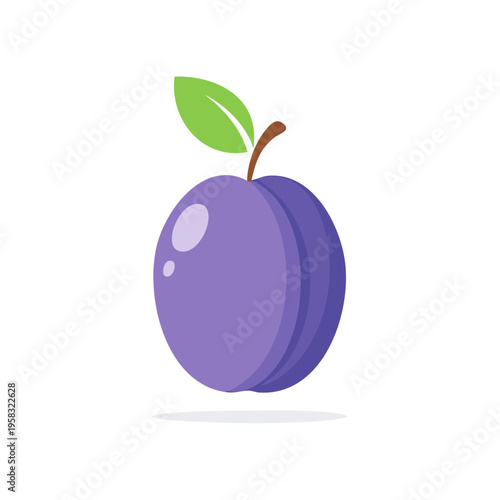 Purple plum with green leaf and brown stem, flat design, fruit illustration