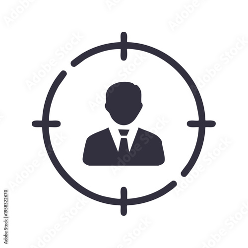 Targeted person icon with suit and tie inside crosshairs graphic