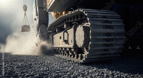 Heavy working equipment on construction site with excavator tracks moving over gravel. Excavator track showcases powerful machinery in action, handling large materials.