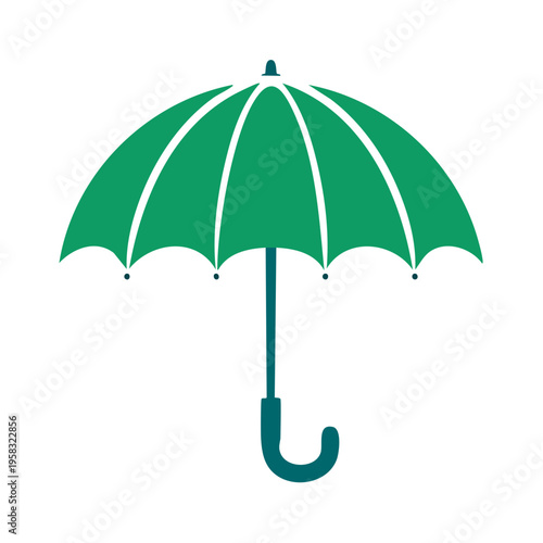 Green umbrella open with curved handle for protection from rain or sun