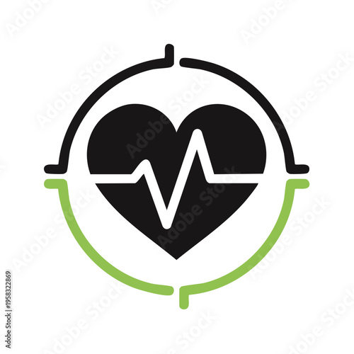 Heartbeat electrocardiogram icon centered in a circular target with green accents representing health monitoring