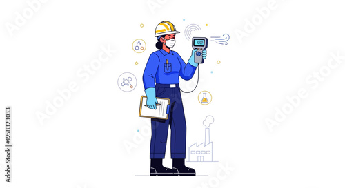 Female engineer wearing safety gear and mask holding measuring device.