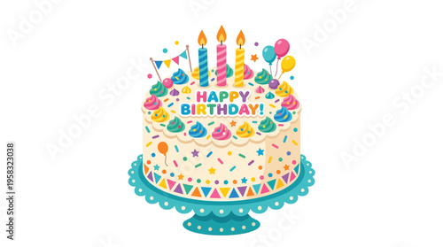Festive Birthday Cake with Candles and Decorations.