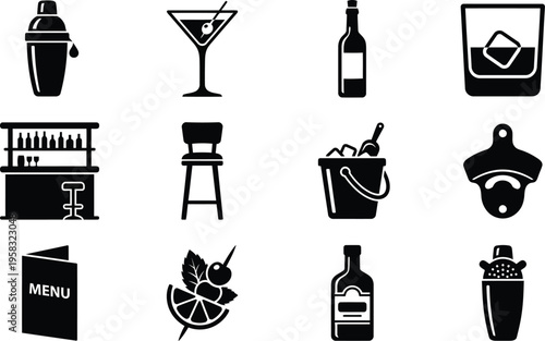 Bar and Cocktail Icons Set– Drinks, Bartender Tools Silhouette Vector Collection