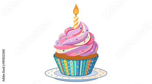 Festive Birthday Cupcake with Swirled Frosting and Candle.
