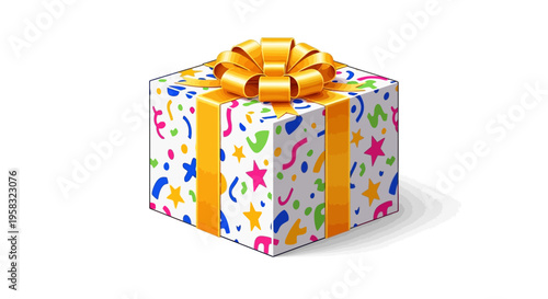 Festive Gift Box with Colorful Wrapping and Yellow Ribbon.