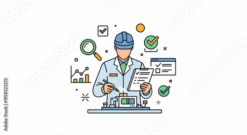 Engineer Inspecting Industrial Project with Magnifying Glass and Checklist.