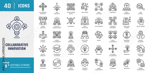 Collaborative innovation icon set. Includes idea sharing, knowledge exchange, brainstorming, partnerships, research. Outline icon set. Vector illustration with editable stroke