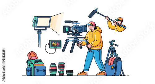 Filmmaker operating professional video camera equipment for movie production.