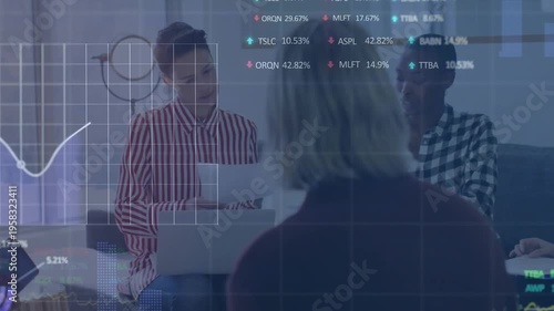 This video shows warehouse workers working together in a warehouse, with animation of financial data