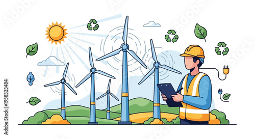 Engineer inspecting wind turbines for renewable energy generation.