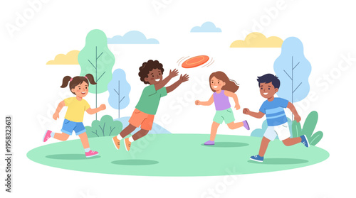 Diverse children playing frisbee in a park.