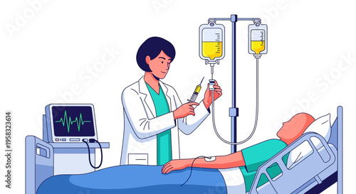 Doctor Administering IV Drip to Patient in Hospital Bed.