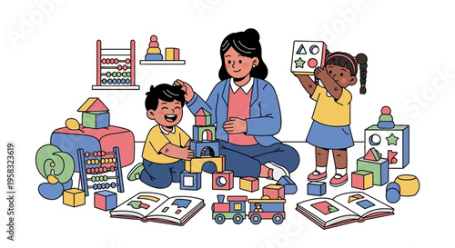 Diverse children learning and playing with teacher and toys.