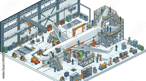 Isometric illustration: Aviation technicians performing comprehensive aircraft maintenance and inspection within a spacious industrial hangar.
