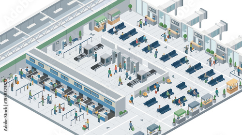 Isometric illustration: busy airport terminal interior with diverse passengers at check-in, security, and waiting for flights.