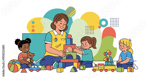 Diverse children playing with teacher and toys.