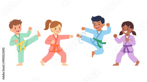 Diverse children practicing martial arts karate judo taekwondo.