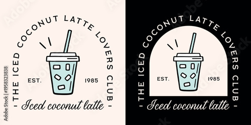 Iced coconut latte vegan milk dairy free cream coffee lovers club girl shirt design blue flavor logo. Fresh drink takeaway plastic cup black drawing vintage aesthetic printable poster print sticker.