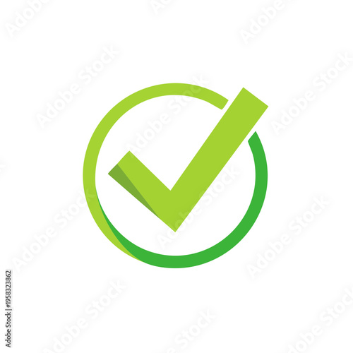 Green checkmark symbol inside a circular outline representing approval confirmation and correctness