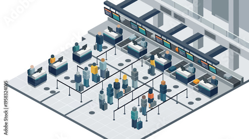 Isometric illustration showing passengers at airport check-in, queuing for baggage drop and security screening in a busy terminal.