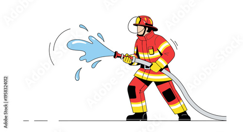 Firefighter in Protective Gear Actively Spraying Water from Hose.