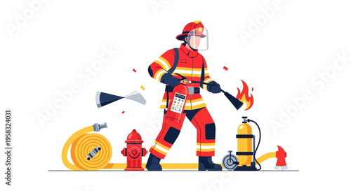 Firefighter in Protective Gear Battling Flames with Extinguisher.