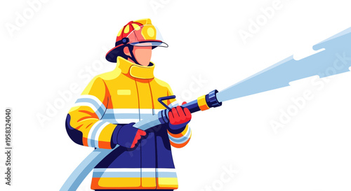 Firefighter in uniform spraying water from hose.