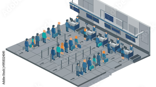 Isometric illustration showing passengers queuing at airport check-in and security, with staff processing travelers.