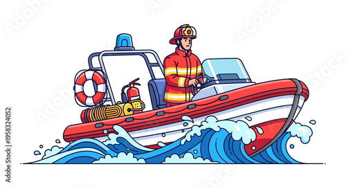 Firefighter operating a rescue boat in rough waters.