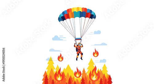 Firefighter parachuting into forest fire danger zone.