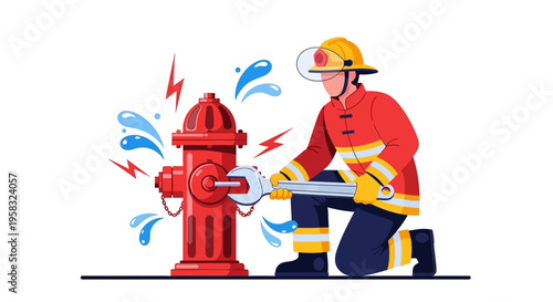 Firefighter operating a red fire hydrant with water splashing.