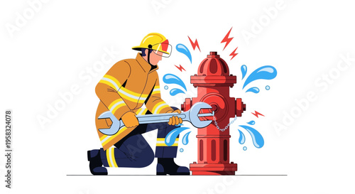 Firefighter repairing a leaking red fire hydrant with a wrench.