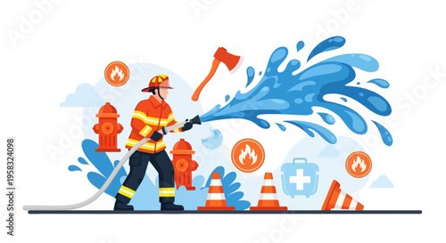 Firefighter spraying water from hose during emergency response.