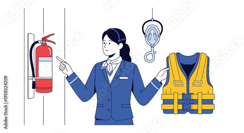 Flight attendant demonstrating safety equipment for passengers.