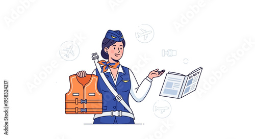 Flight attendant demonstrating safety procedures with life vest and manual.