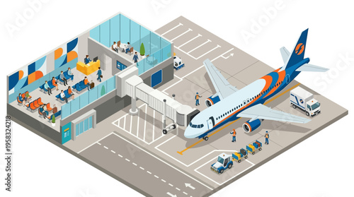 Isometric illustration depicting a busy airport boarding gate with passengers and ground crew handling pre-flight operations.